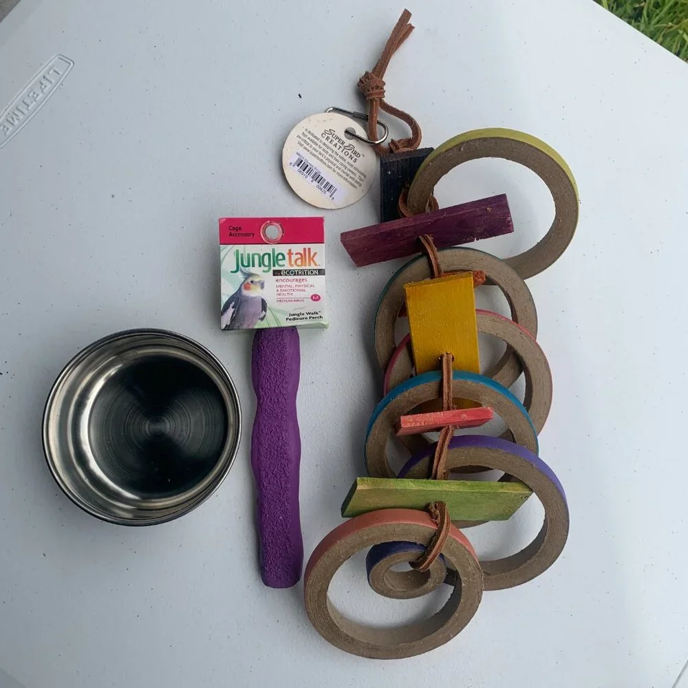 BIRD SUPPLIES - 3pc lot PARROT MACCAW, hanging cage toys, blocks, perch, bowl